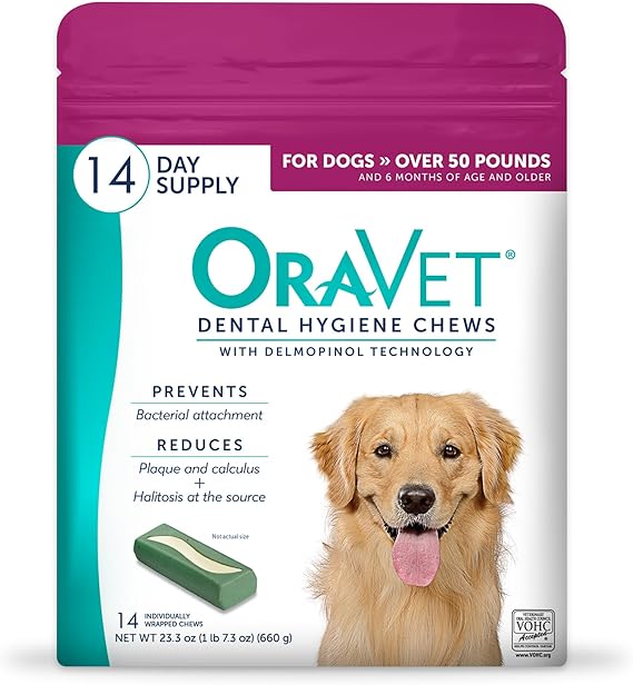 ORAVET Dental Chews for Dogs, Oral Care and Hygiene Chews (Large Dogs, Over 50 lbs.) Pink Pouch, 14 Count