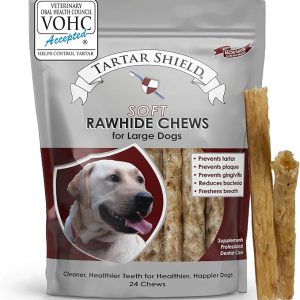 Tartar Shield Soft Rawhide Chews | Safe Dental Treats for Large Dogs | Vet VOHC Approved | Daily Bone Cleans Teeth & Gums Fresh Breath Oral Health Support | USA Made | (Large Dogs / 24 Count)