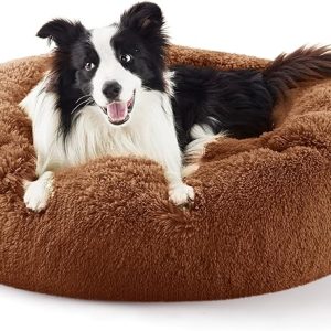 Bedsure Calming Dog Bed for Large Dogs - Donut Washable Large Pet Bed, 36 inches Anti-Slip Round Fluffy Plush Faux Fur Dog Bed, Fits up to 80 lbs Pets, Copper