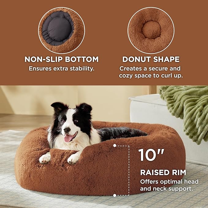 Bedsure Calming Dog Bed for Large Dogs - Donut Washable Large Pet Bed, 36 inches Anti-Slip Round Fluffy Plush Faux Fur Dog Bed, Fits up to 80 lbs Pets, Copper - Image 2