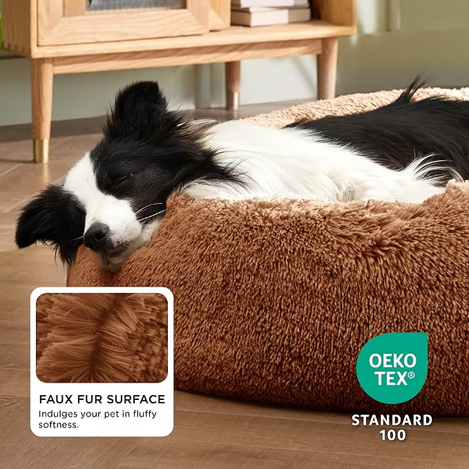Bedsure Calming Dog Bed for Large Dogs - Donut Washable Large Pet Bed, 36 inches Anti-Slip Round Fluffy Plush Faux Fur Dog Bed, Fits up to 80 lbs Pets, Copper - Image 4