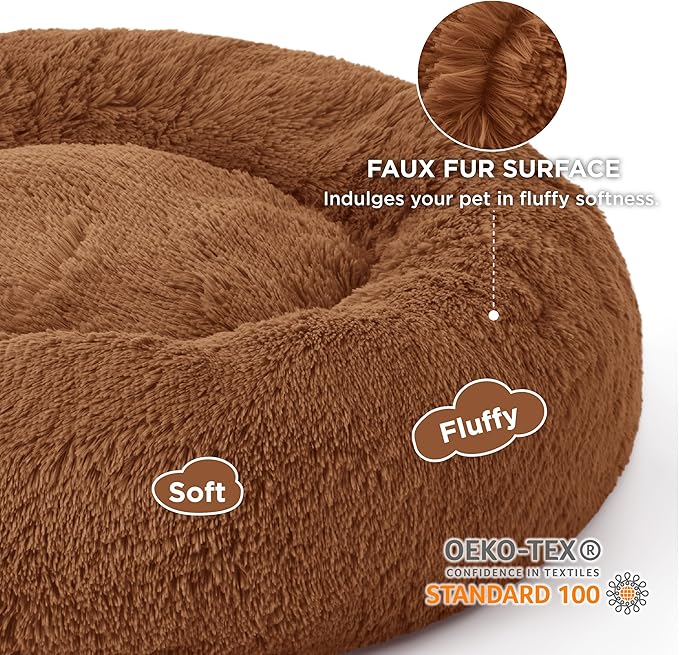 Bedsure Calming Dog Bed for Large Dogs - Donut Washable Large Pet Bed, 36 inches Anti-Slip Round Fluffy Plush Faux Fur Dog Bed, Fits up to 80 lbs Pets, Copper - Image 3